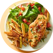 CHICKEN ESCALOPE AND FRENCH FRIES WITH VEGETABLE SALAD